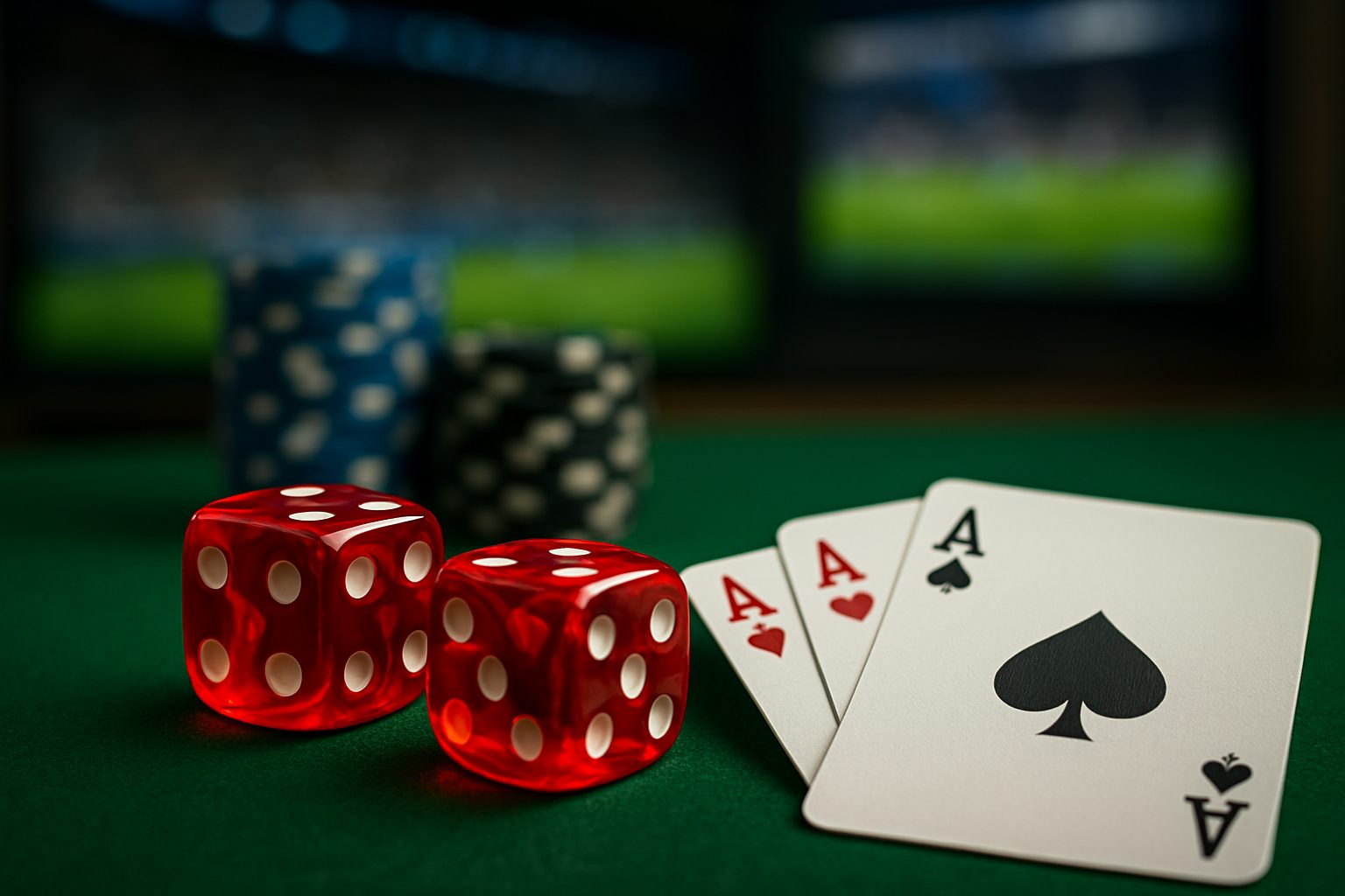 Close-up of dice and playing cards on green felt, with poker chips in the background